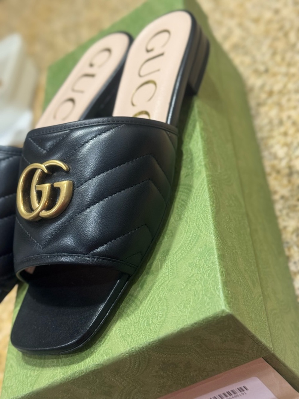Gucci Black Quilted Leather Slide Mules with Gold GG Hardware - Picture 3 of 7